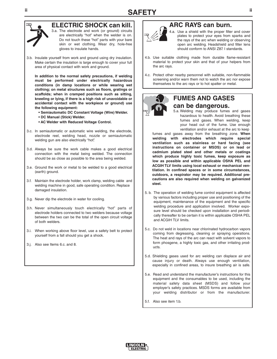 Safety, Arc rays can burn, Electric shock can kill | Fumes and gases can be dangerous | Lincoln Electric IM10032 COUGAR K2704-2, K2704-3 User Manual | Page 3 / 22