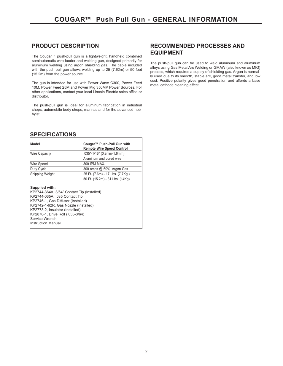 Cougar™ push pull gun - general information, Product description, Recommended processes and equipment | Specifications | Lincoln Electric IM10032 COUGAR K2704-2, K2704-3 User Manual | Page 8 / 22