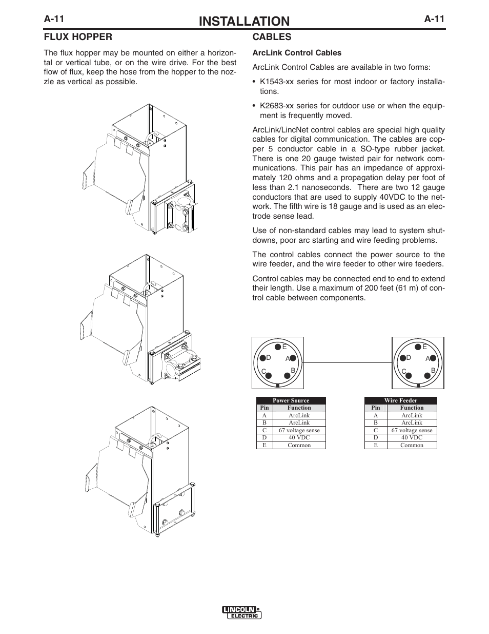 Installation, A-11, A-11 flux hopper | Cables | Lincoln Electric IM10098 CRUISER User Manual | Page 18 / 54