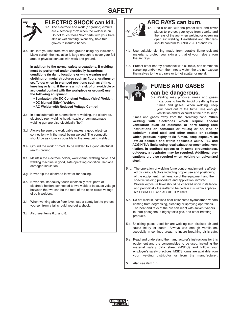 Safety, Arc rays can burn, Electric shock can kill | Fumes and gases can be dangerous | Lincoln Electric IM10098 CRUISER User Manual | Page 3 / 54