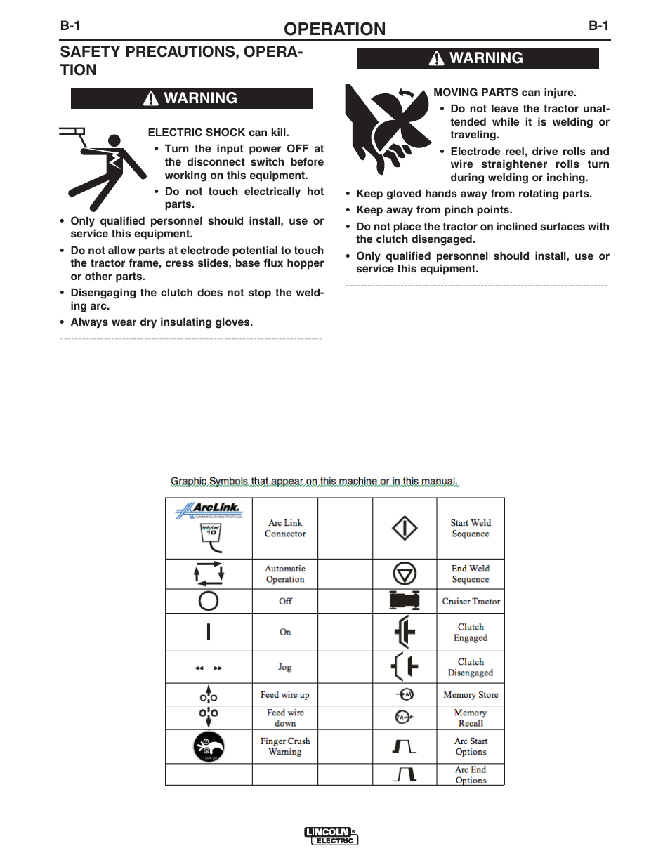 Operation, Safety precautions, opera- tion, Warning | Lincoln Electric IM10098 CRUISER User Manual | Page 33 / 54