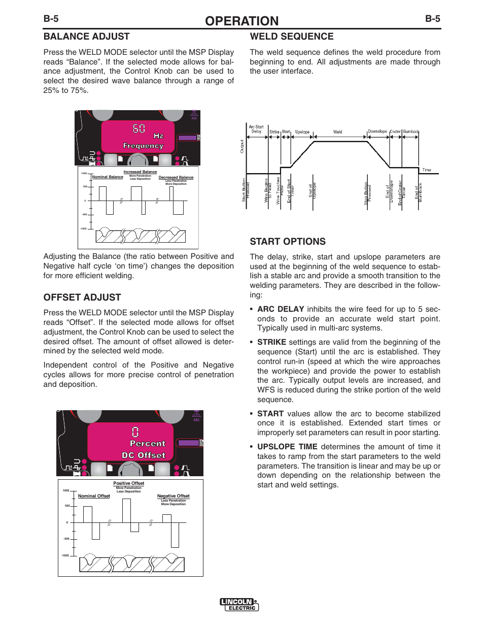 Operation, B-5 balance adjust, Offset adjust | Weld sequence, Start options, Figure b.12 - offset adjust, Figure b.13 - weld sequence | Lincoln Electric IM10098 CRUISER User Manual | Page 37 / 54