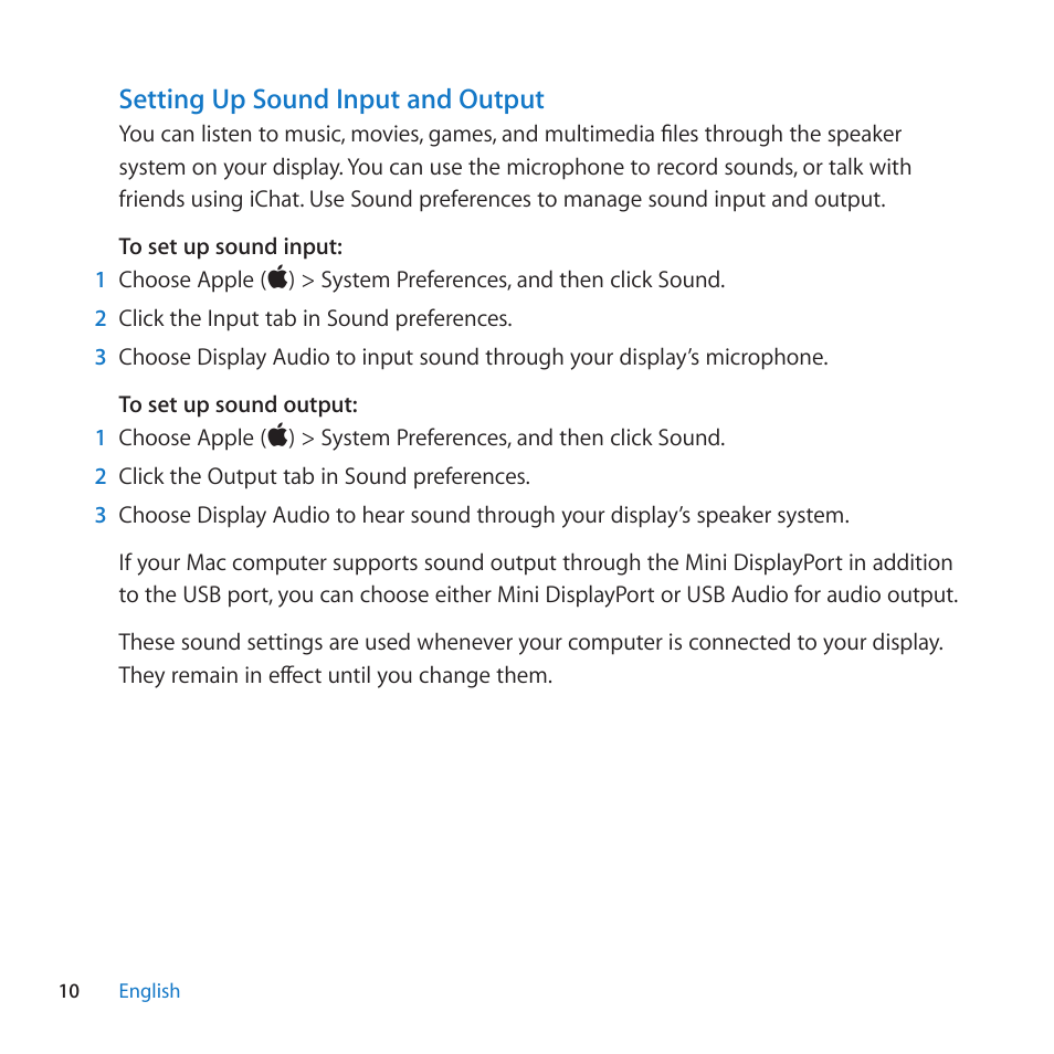 Setting up sound input and output | Apple LED Cinema Display (27 Zoll) User Manual | Page 10 / 104