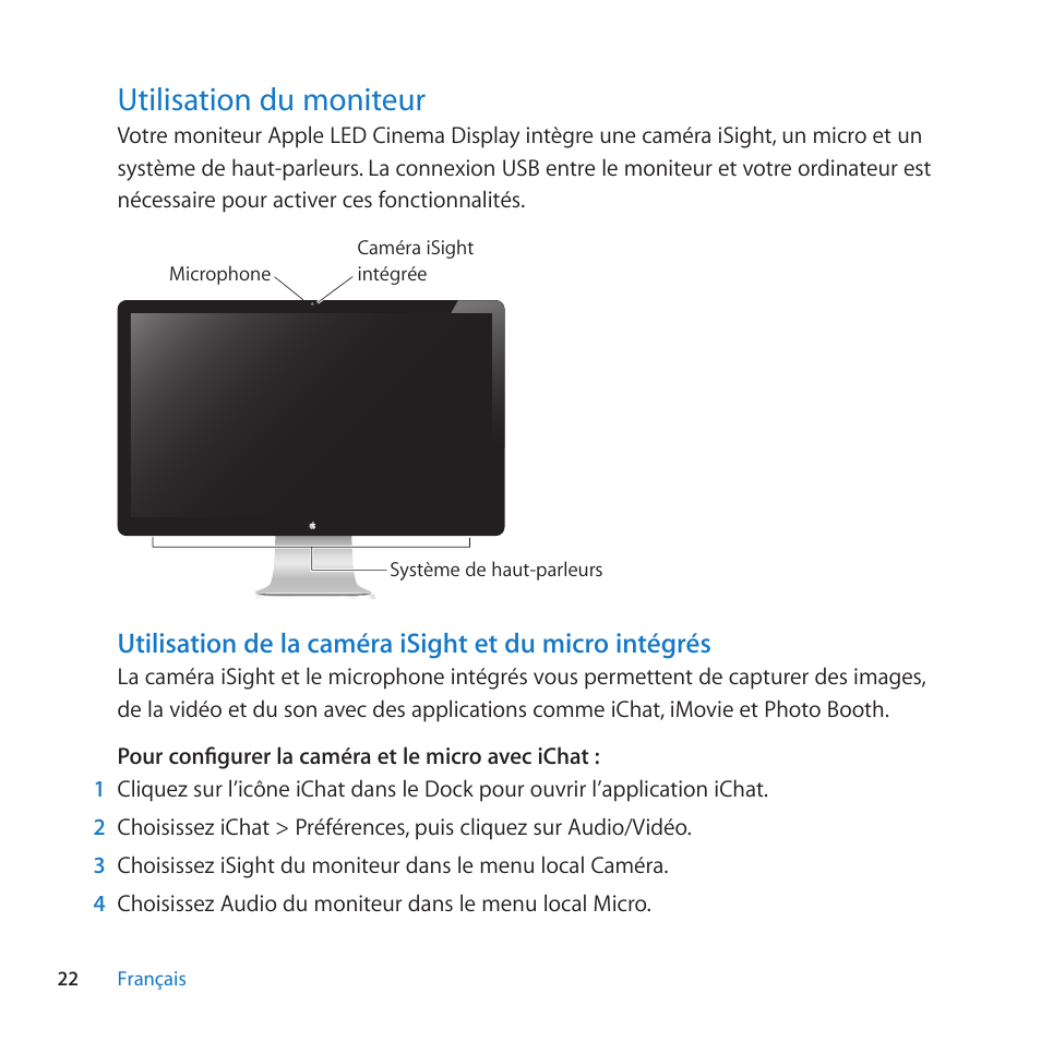 Utilisation du moniteur, 22 utilisation du moniteur | Apple LED Cinema Display (27 Zoll) User Manual | Page 22 / 104