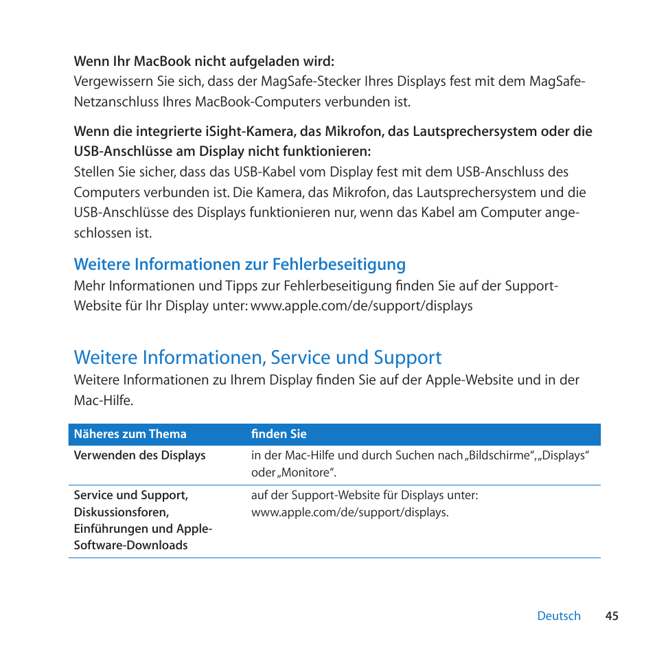 Weitere informationen, service und support, 45 weitere informationen, service und support, Weitere informationen zur fehlerbeseitigung | Apple LED Cinema Display (27 Zoll) User Manual | Page 45 / 104