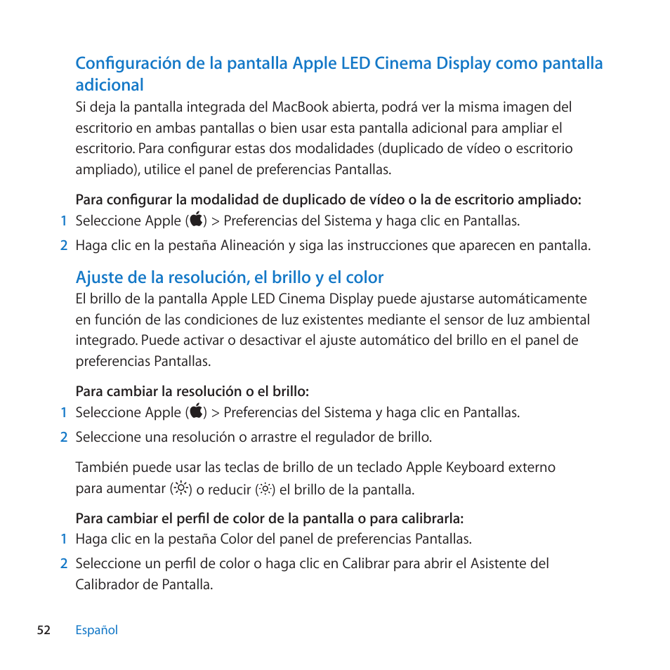 Ajuste de la resolución, el brillo y el color | Apple LED Cinema Display (27 Zoll) User Manual | Page 52 / 104