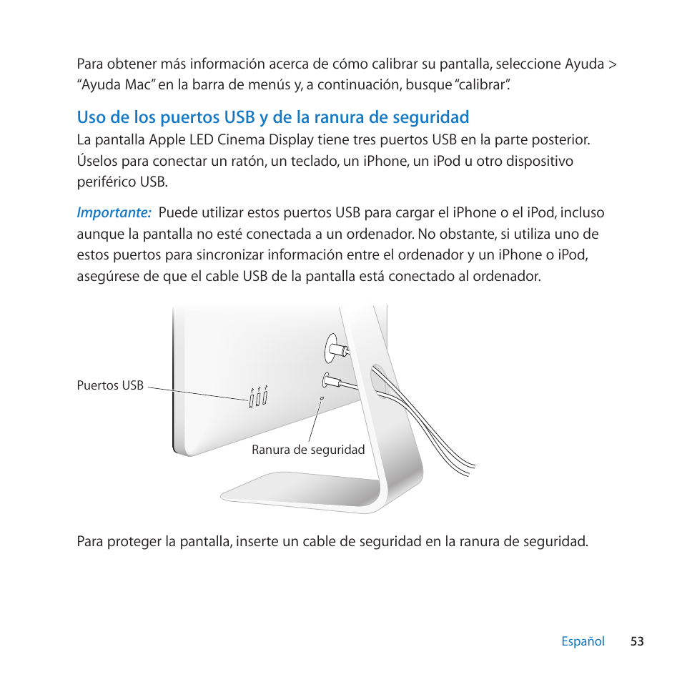 Uso de los puertos usb y de la ranura de seguridad | Apple LED Cinema Display (27 Zoll) User Manual | Page 53 / 104