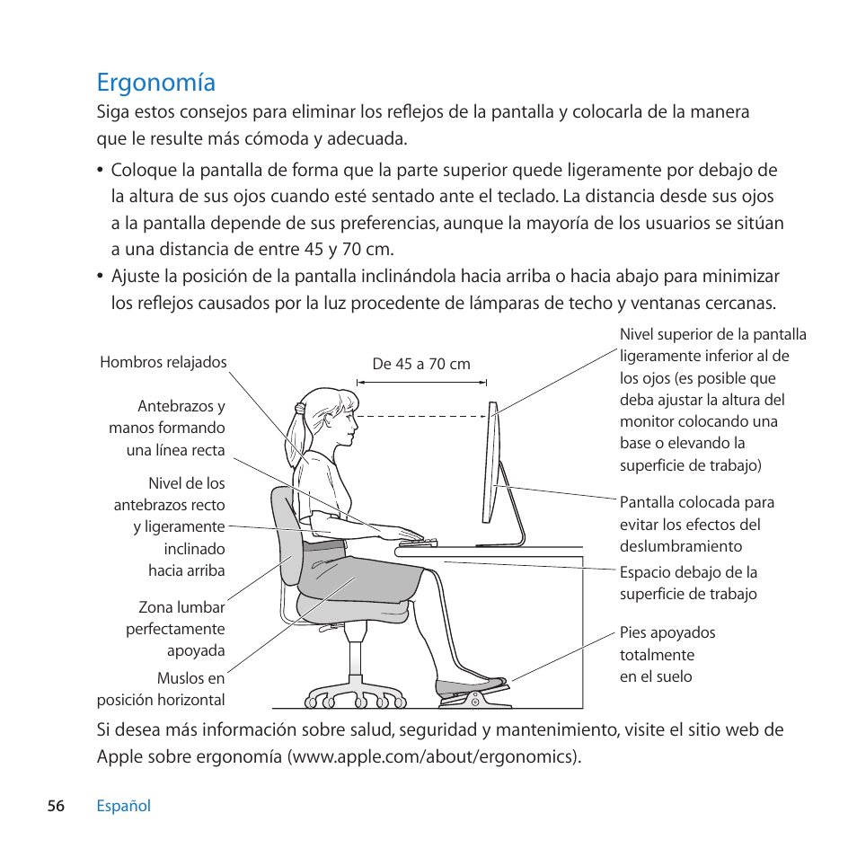 Ergonomía, 56 ergonomía | Apple LED Cinema Display (27 Zoll) User Manual | Page 56 / 104