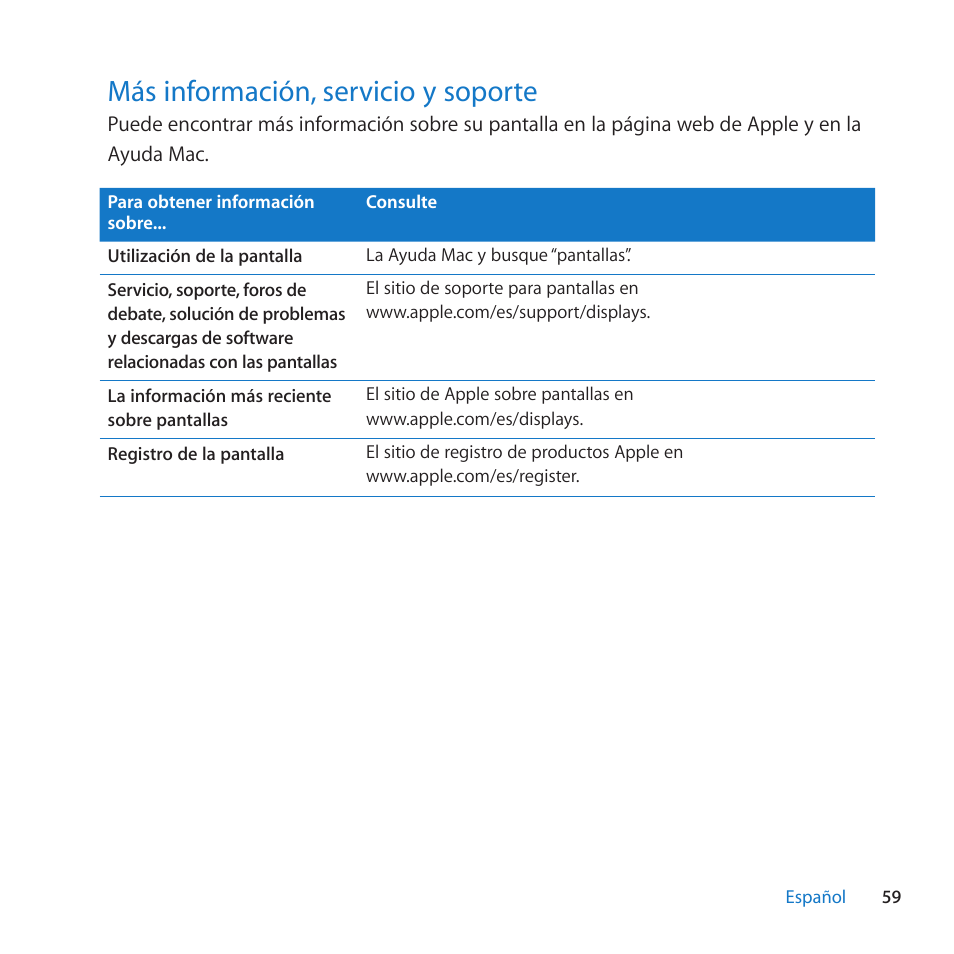 Más información, servicio y soporte, 59 más información, servicio y soporte | Apple LED Cinema Display (27 Zoll) User Manual | Page 59 / 104