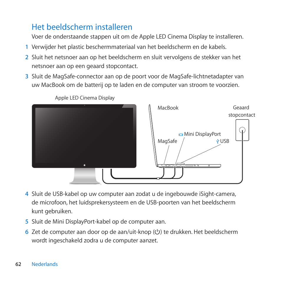 Het beeldscherm installeren, 62 het beeldscherm installeren | Apple LED Cinema Display (27 Zoll) User Manual | Page 62 / 104