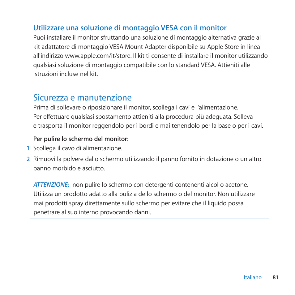Sicurezza e manutenzione, 81 sicurezza e manutenzione | Apple LED Cinema Display (27 Zoll) User Manual | Page 81 / 104