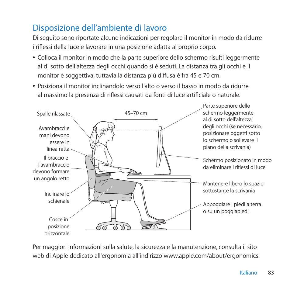 Disposizione dell’ambiente di lavoro, 83 disposizione dell’ambiente di lavoro | Apple LED Cinema Display (27 Zoll) User Manual | Page 83 / 104