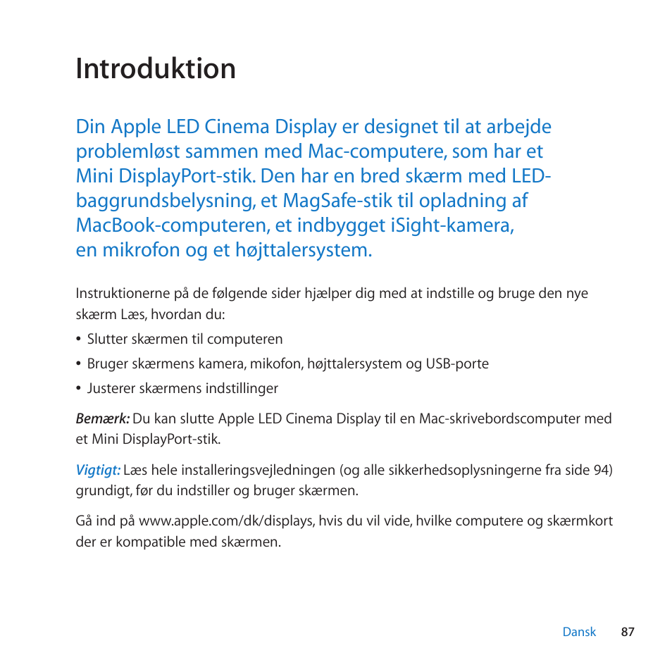 Introduktion | Apple LED Cinema Display (27 Zoll) User Manual | Page 87 / 104