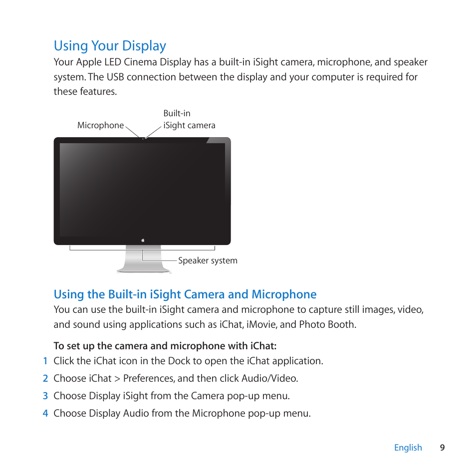 Using your display, 9 using your display, Using the built-in isight camera and microphone | Apple LED Cinema Display (27 Zoll) User Manual | Page 9 / 104