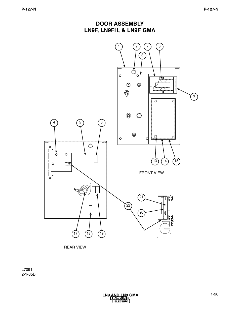 Door assembly ln9f, ln9fh, & ln9f gma | Lincoln Electric IM294 LN-9 SEMIAUTOMATIC WIRE FEEDER User Manual | Page 102 / 148