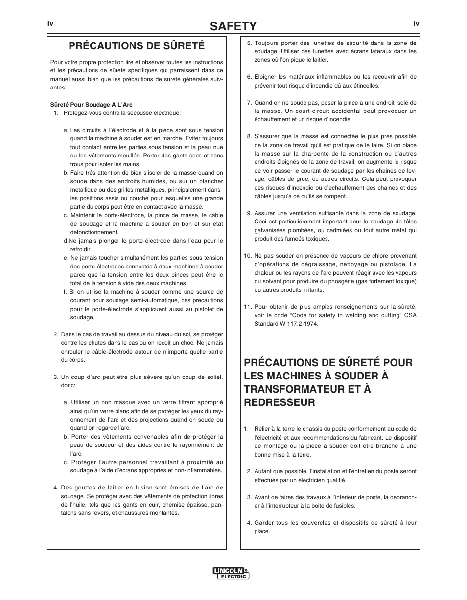 Safety, Précautions de sûreté | Lincoln Electric IM294 LN-9 SEMIAUTOMATIC WIRE FEEDER User Manual | Page 5 / 148