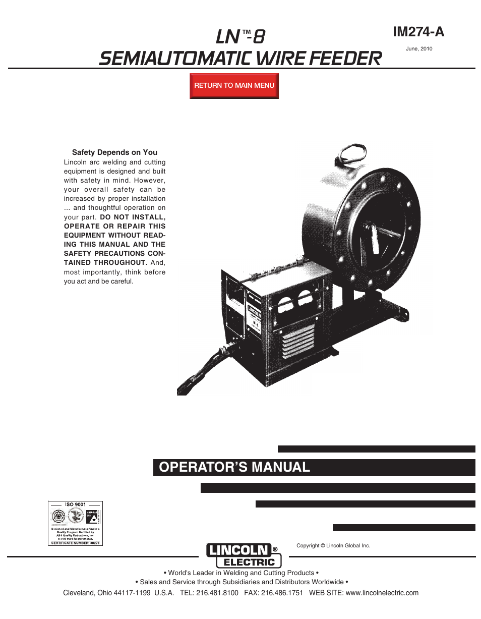 Lincoln Electric IM274 LN-8 SEMIAUTOMATIC WIRE FEEDER User Manual | 140 pages