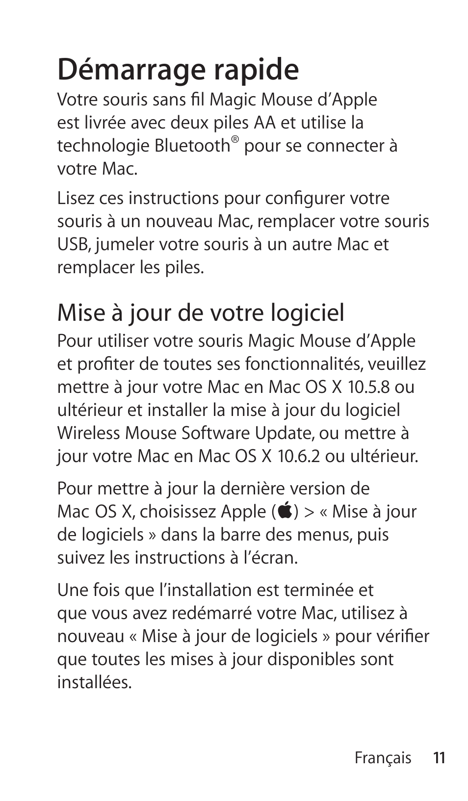Démarrage rapide, Mise à jour de votre logiciel | Apple Magic Mouse User Manual | Page 11 / 46