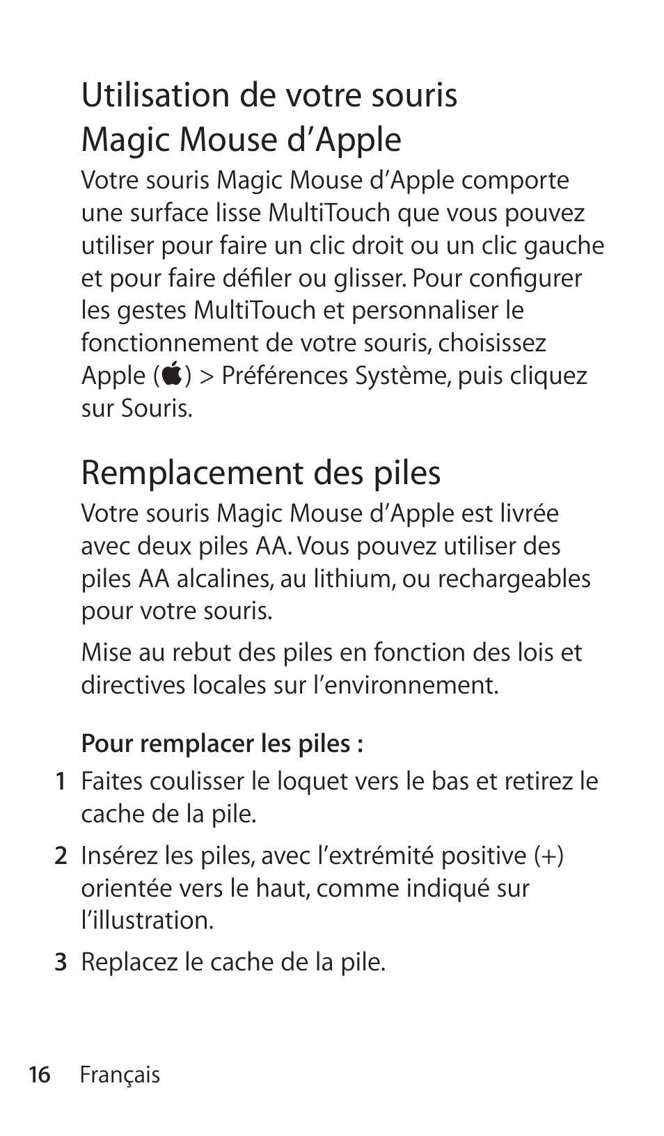 Utilisation de votre souris magic mouse d’apple, Remplacement des piles | Apple Magic Mouse User Manual | Page 16 / 46