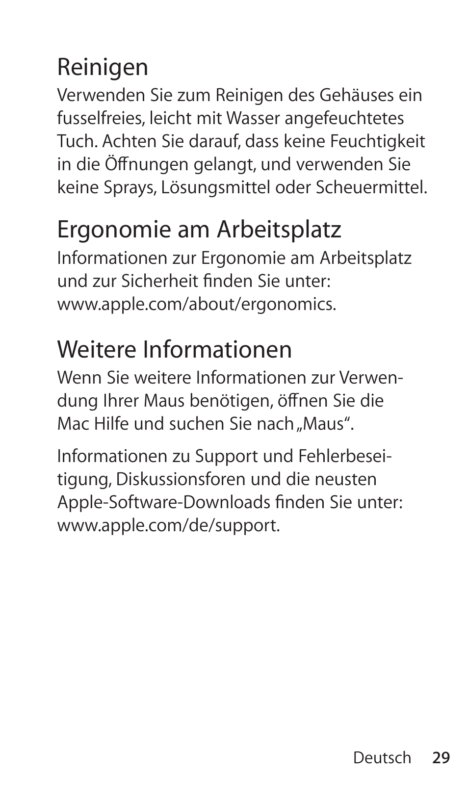 Reinigen, Ergonomie am arbeitsplatz, Weitere informationen | Apple Magic Mouse User Manual | Page 29 / 46