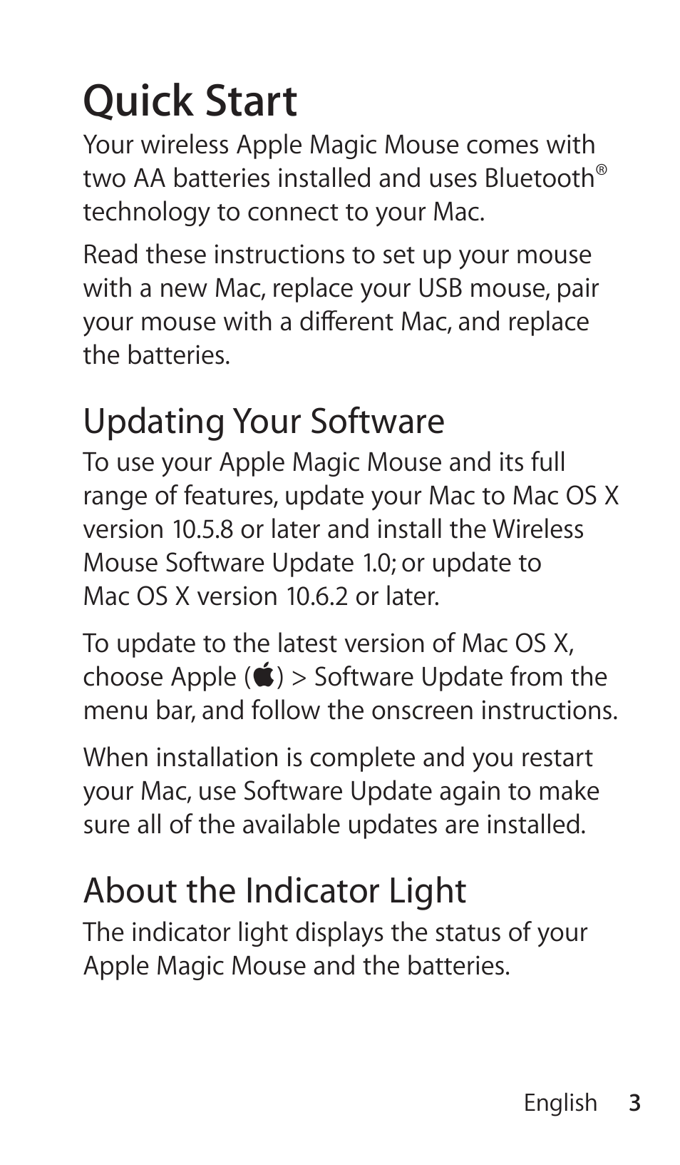 Quick start, Updating your software, About the indicator light | Apple Magic Mouse User Manual | Page 3 / 46