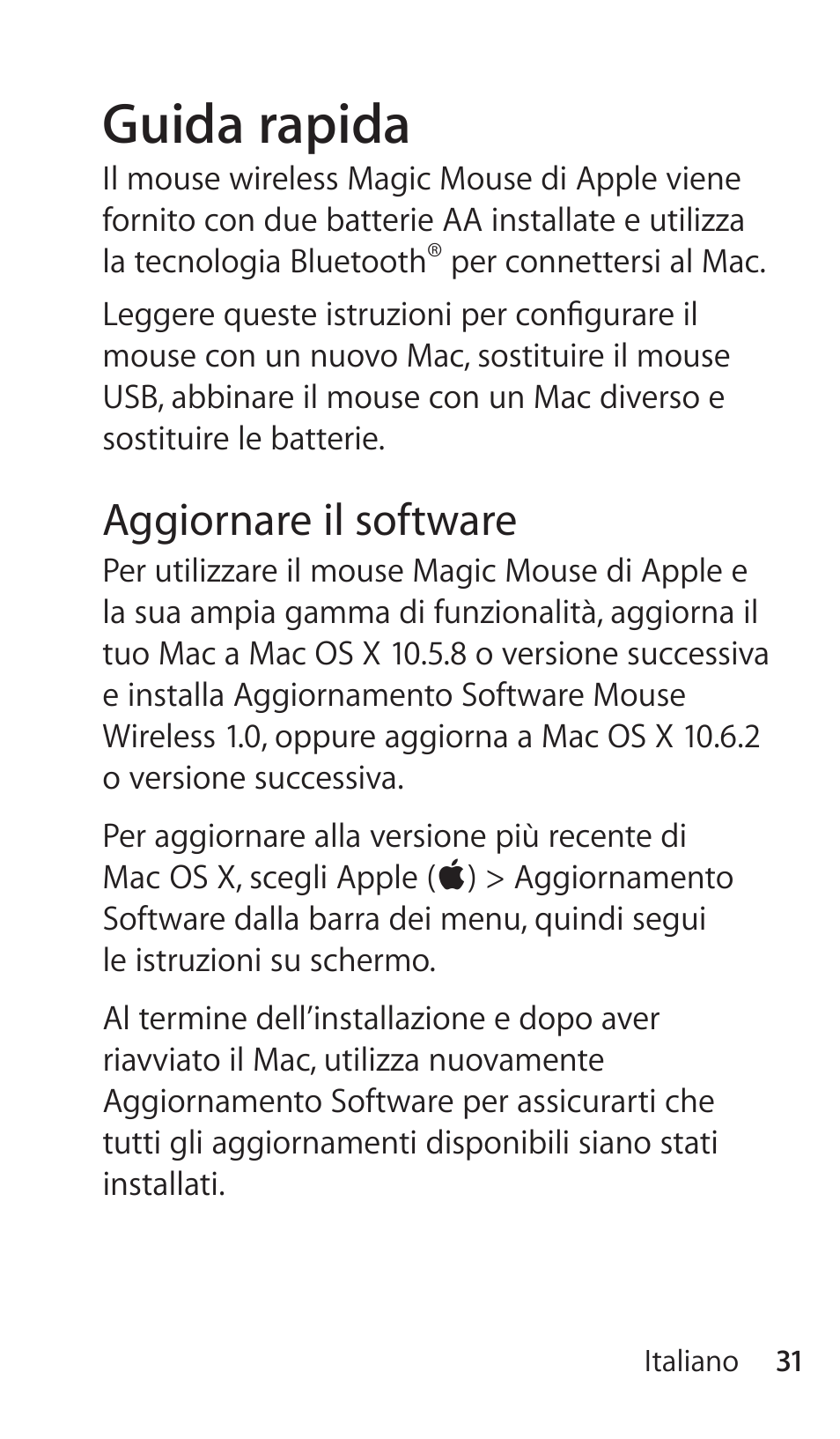 Guida rapida, Aggiornare il software | Apple Magic Mouse User Manual | Page 31 / 46