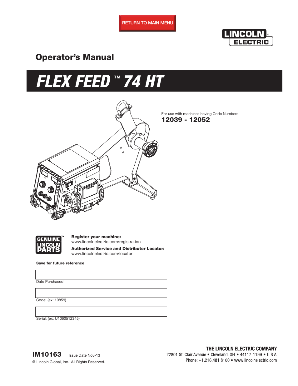 Lincoln Electric IM10163 FLEX FEED 74 HT User Manual | 80 pages