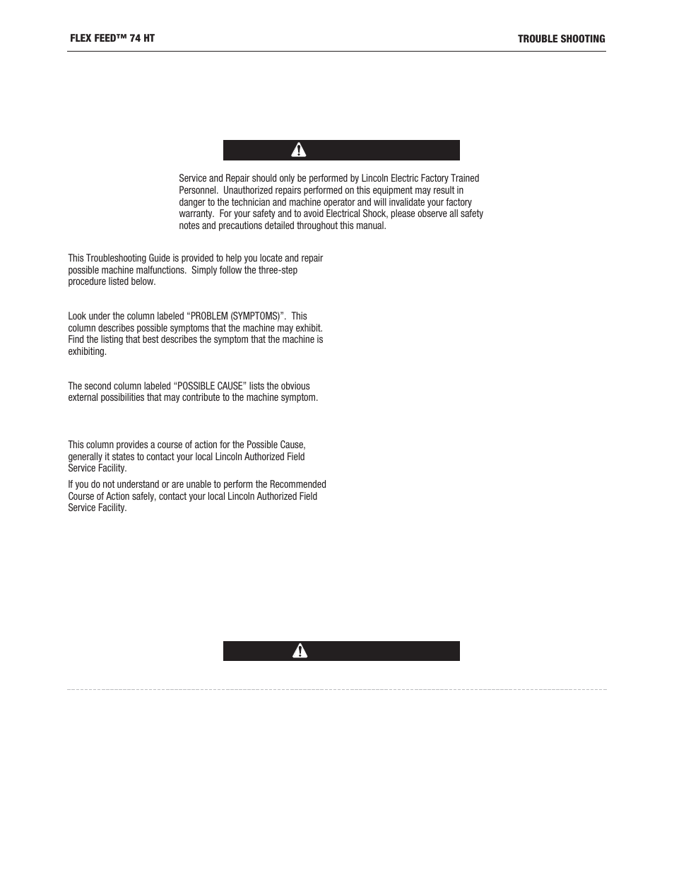 Caution how to use troubleshooting guide, Warning | Lincoln Electric IM10163 FLEX FEED 74 HT User Manual | Page 51 / 80