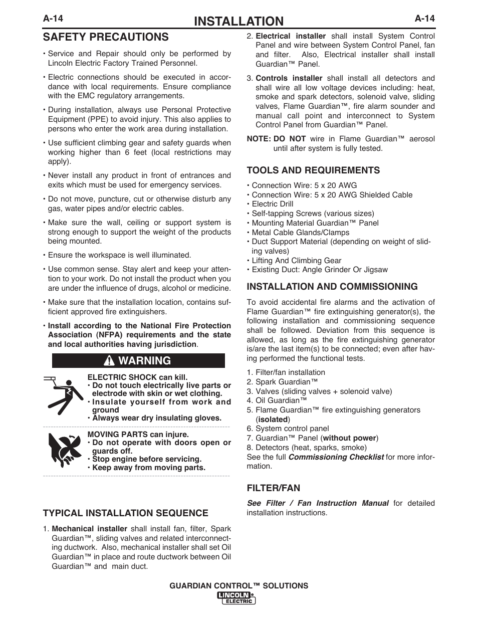 Installation, Safety precautions, Warning | Lincoln Electric P709 GUARDIAN CONTROL SOLUTIONS User Manual | Page 21 / 80