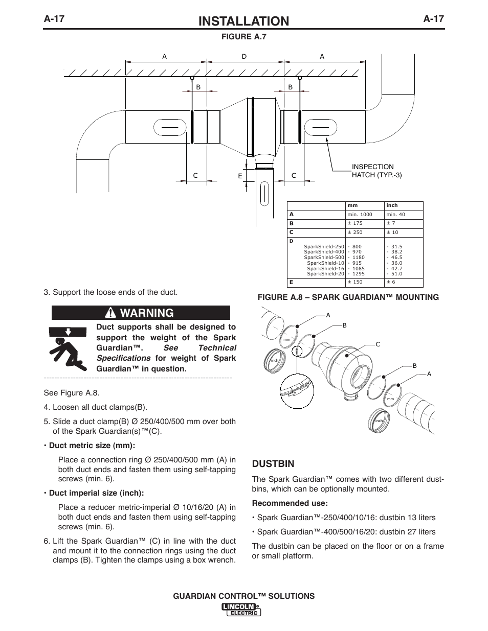 Installation, Warning, A-17 | Dustbin | Lincoln Electric P709 GUARDIAN CONTROL SOLUTIONS User Manual | Page 24 / 80