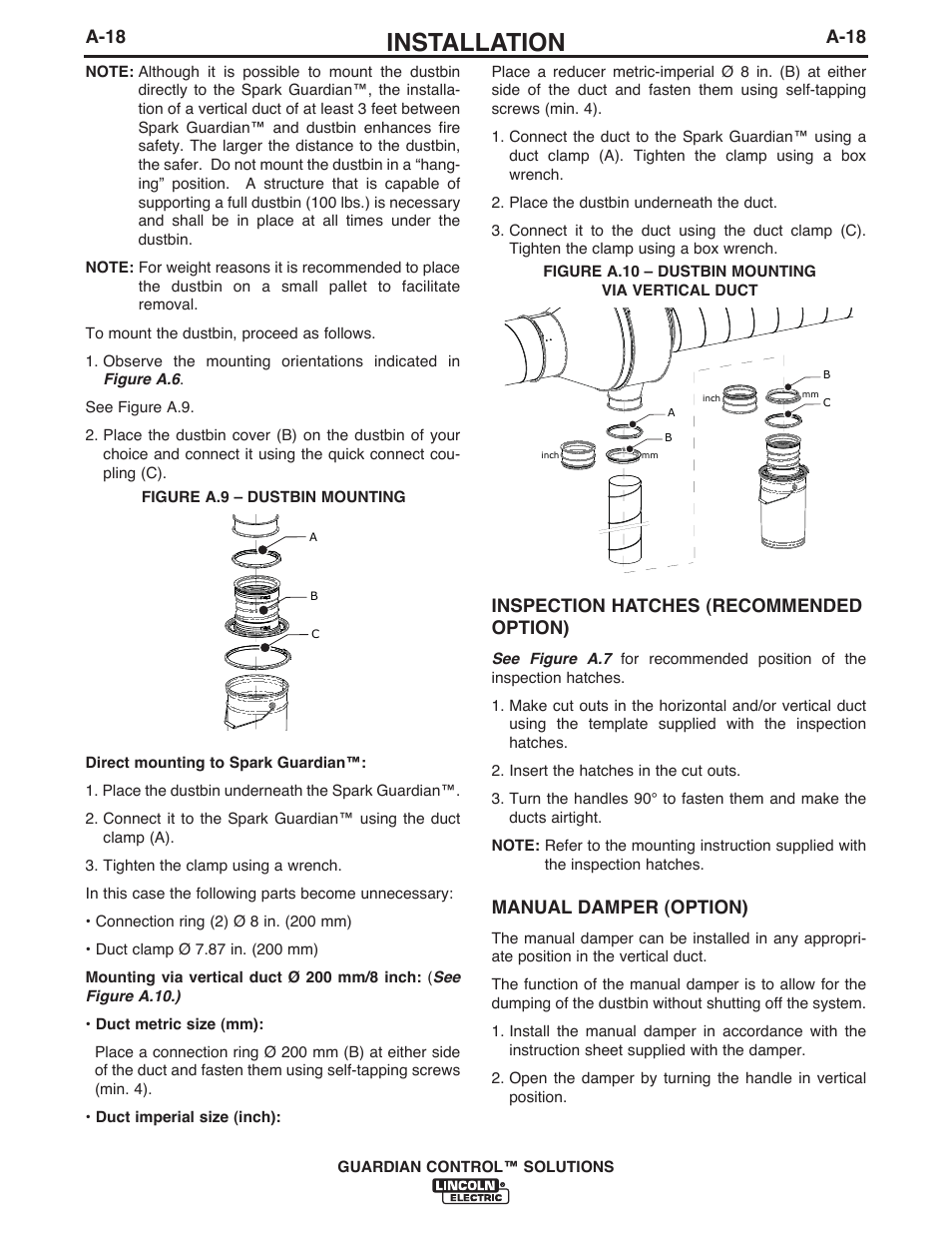 Installation, A-18, Inspection hatches (recommended option) | Manual damper (option) | Lincoln Electric P709 GUARDIAN CONTROL SOLUTIONS User Manual | Page 25 / 80