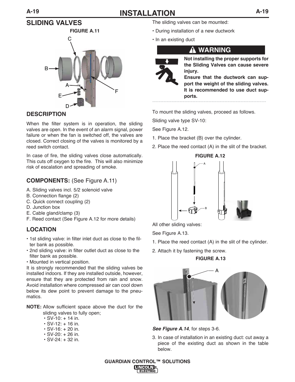 Installation, Sliding valves, Warning | Lincoln Electric P709 GUARDIAN CONTROL SOLUTIONS User Manual | Page 26 / 80