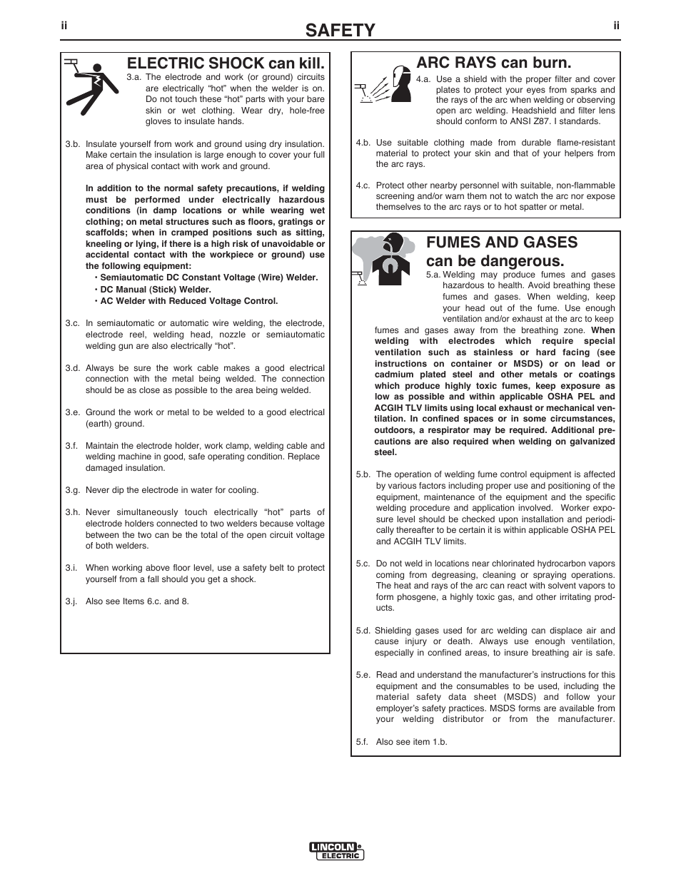 Safety, Arc rays can burn, Electric shock can kill | Fumes and gases can be dangerous | Lincoln Electric P709 GUARDIAN CONTROL SOLUTIONS User Manual | Page 3 / 80