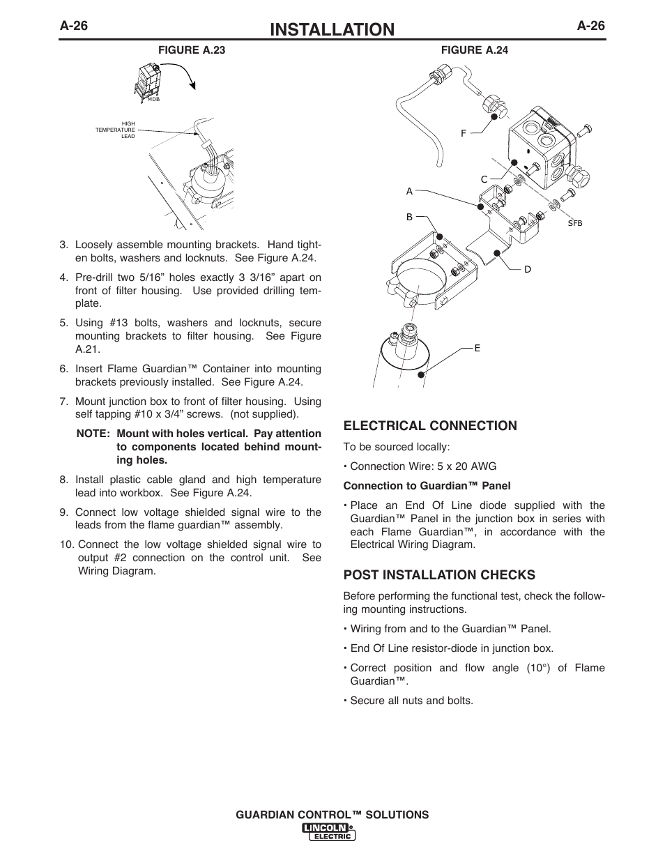 Installation, A-26, Electrical connection | Post installation checks | Lincoln Electric P709 GUARDIAN CONTROL SOLUTIONS User Manual | Page 33 / 80