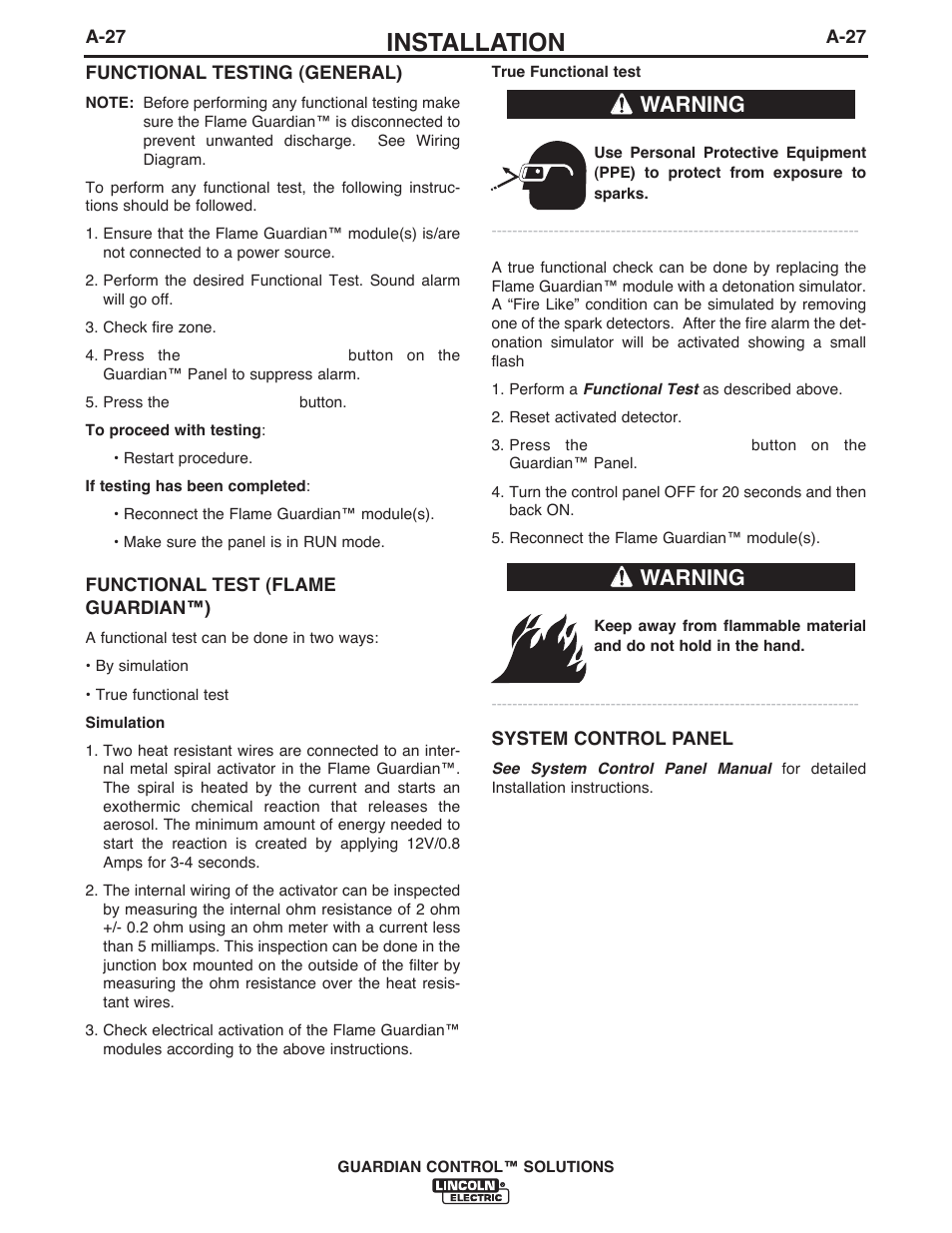 Installation, Warning | Lincoln Electric P709 GUARDIAN CONTROL SOLUTIONS User Manual | Page 34 / 80