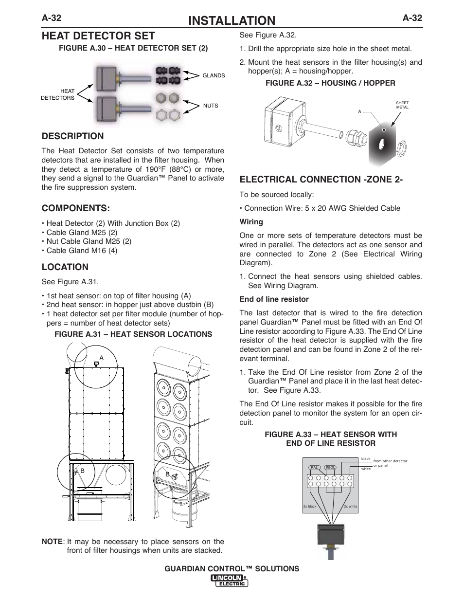 Installation, Heat detector set, A-32 | Description, Components, Location, Electrical connection -zone 2 | Lincoln Electric P709 GUARDIAN CONTROL SOLUTIONS User Manual | Page 39 / 80