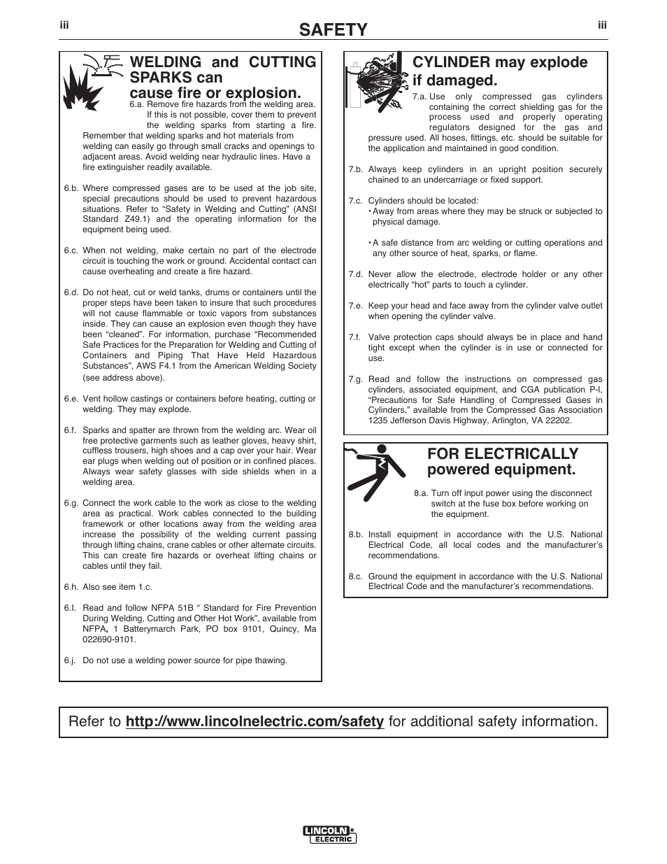 Safety, For electrically powered equipment, Cylinder may explode if damaged | Lincoln Electric P709 GUARDIAN CONTROL SOLUTIONS User Manual | Page 4 / 80