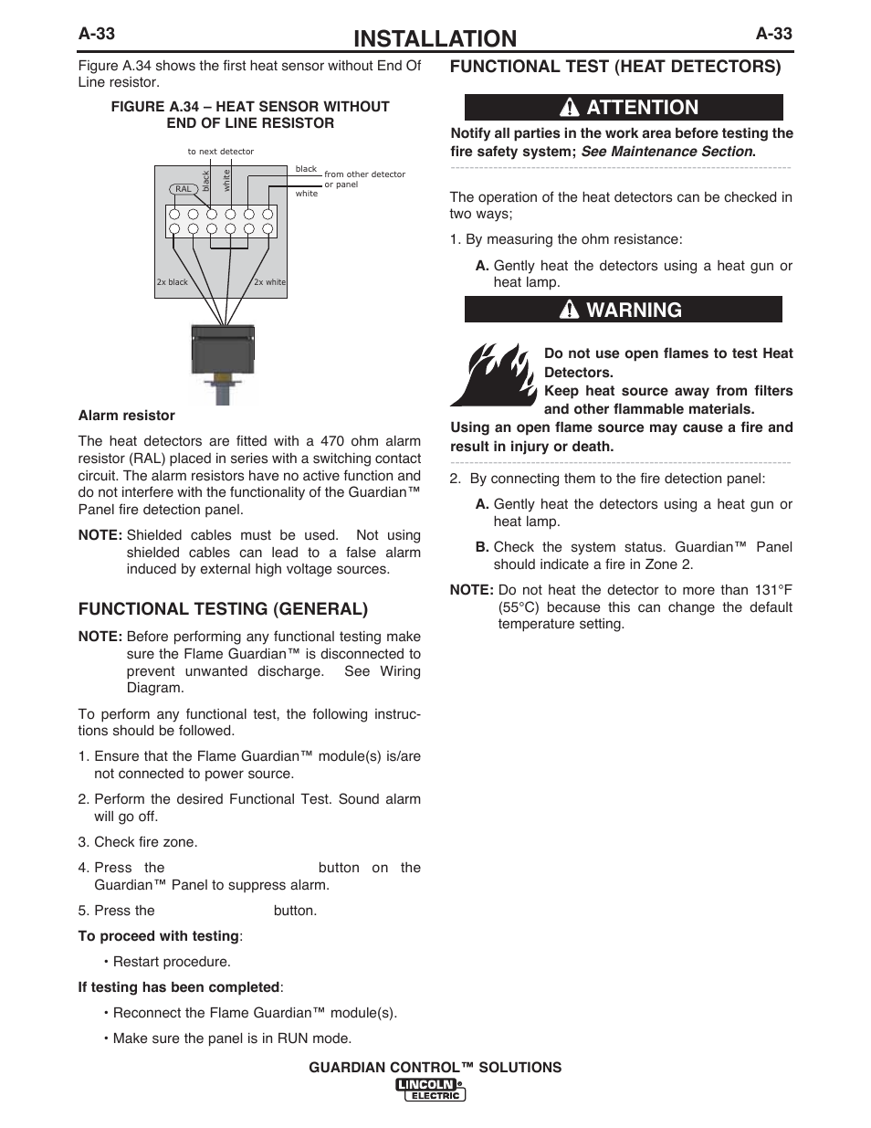 Installation, Attention, Warning | A-33, Functional testing (general), Functional test (heat detectors) | Lincoln Electric P709 GUARDIAN CONTROL SOLUTIONS User Manual | Page 40 / 80