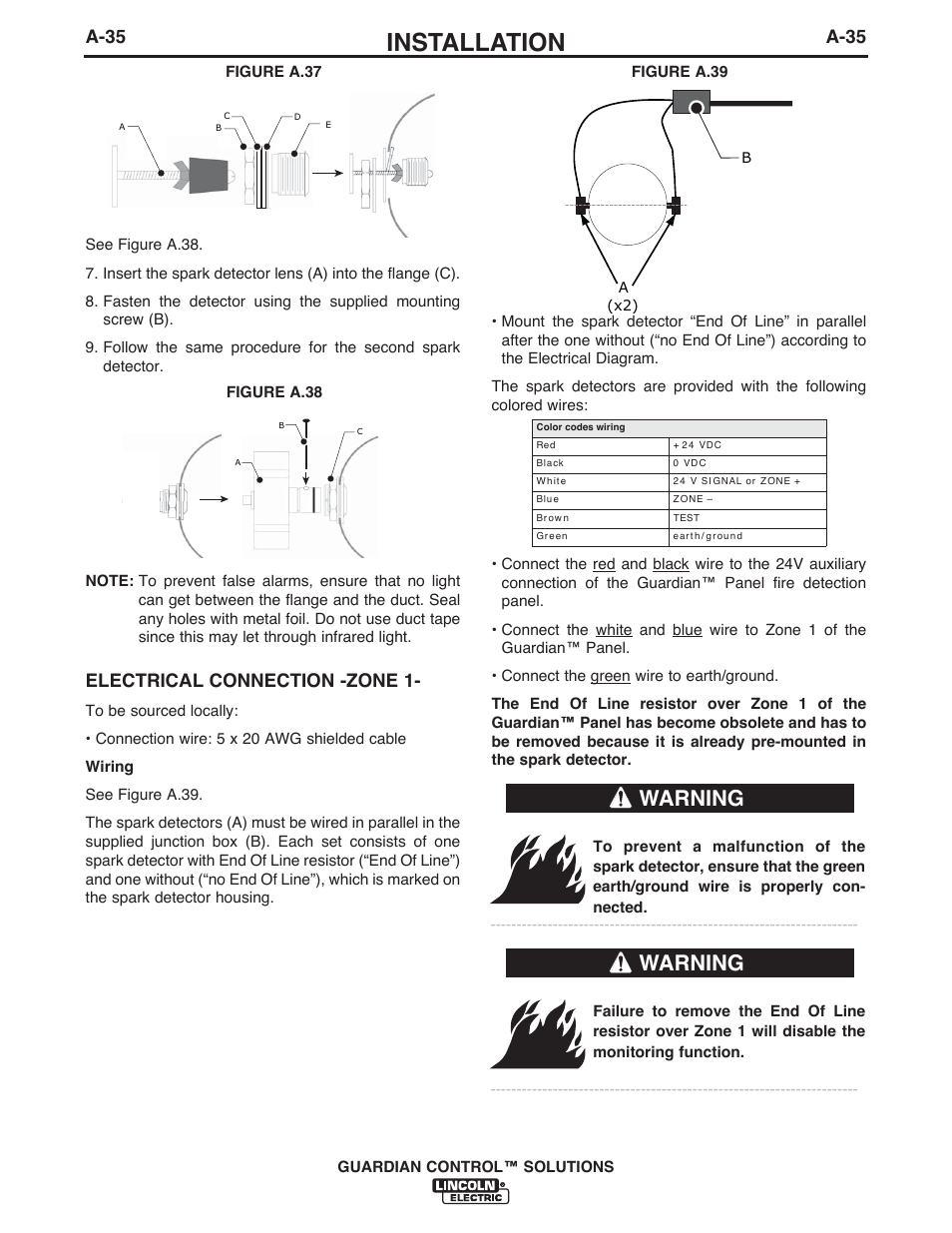 Installation, Warning, A-35 | Electrical connection -zone 1, Guardian control™ solutions, Figure a.38, Figure a.39 | Lincoln Electric P709 GUARDIAN CONTROL SOLUTIONS User Manual | Page 42 / 80