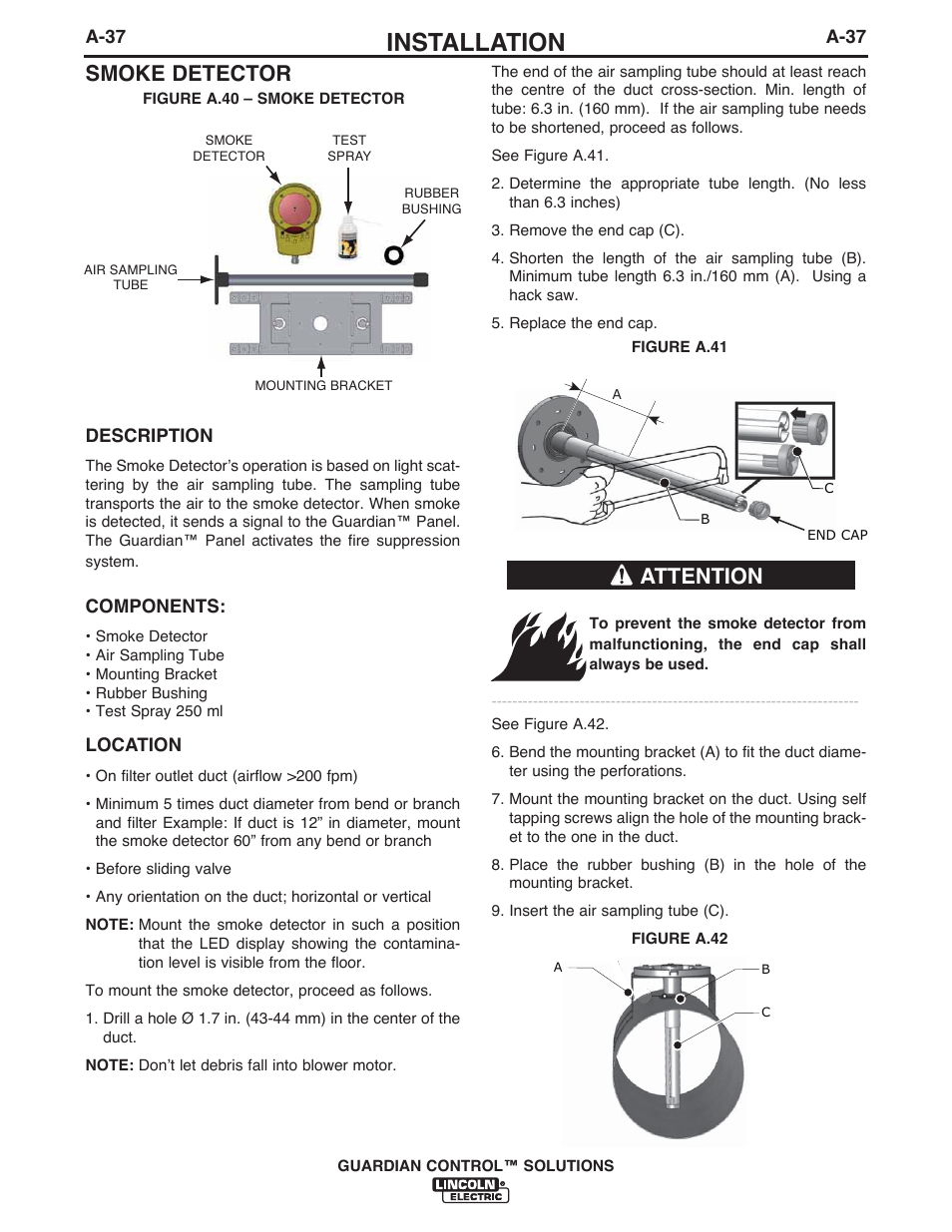 Installation, Smoke detector, Attention | Lincoln Electric P709 GUARDIAN CONTROL SOLUTIONS User Manual | Page 44 / 80