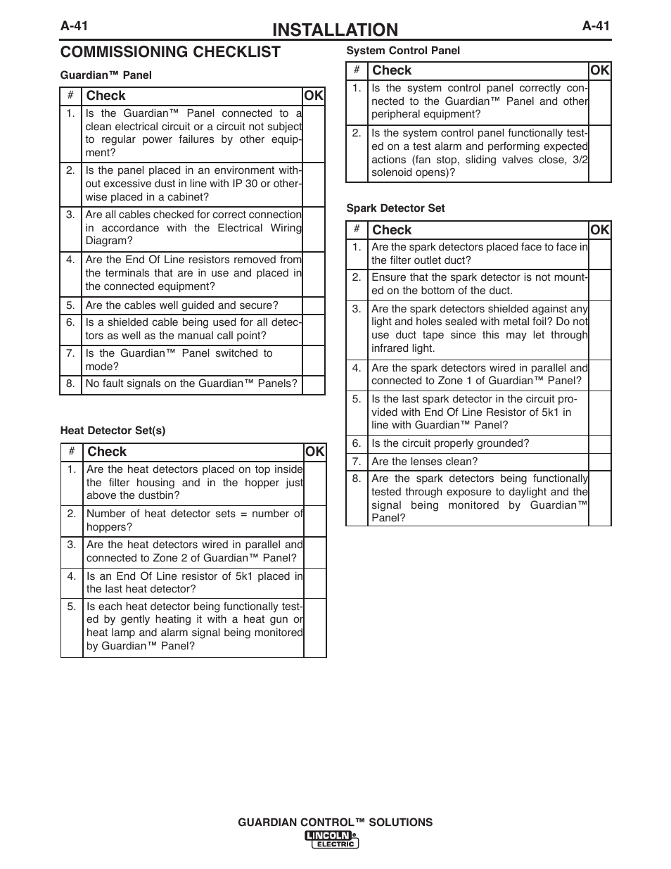 Installation, Commissioning checklist | Lincoln Electric P709 GUARDIAN CONTROL SOLUTIONS User Manual | Page 48 / 80