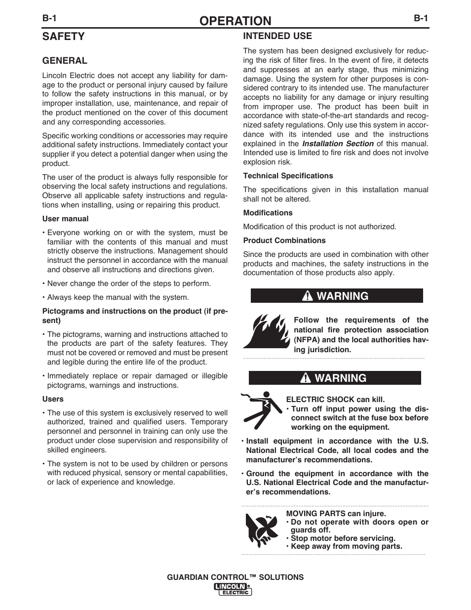 Operation, Safety, Warning | Lincoln Electric P709 GUARDIAN CONTROL SOLUTIONS User Manual | Page 51 / 80