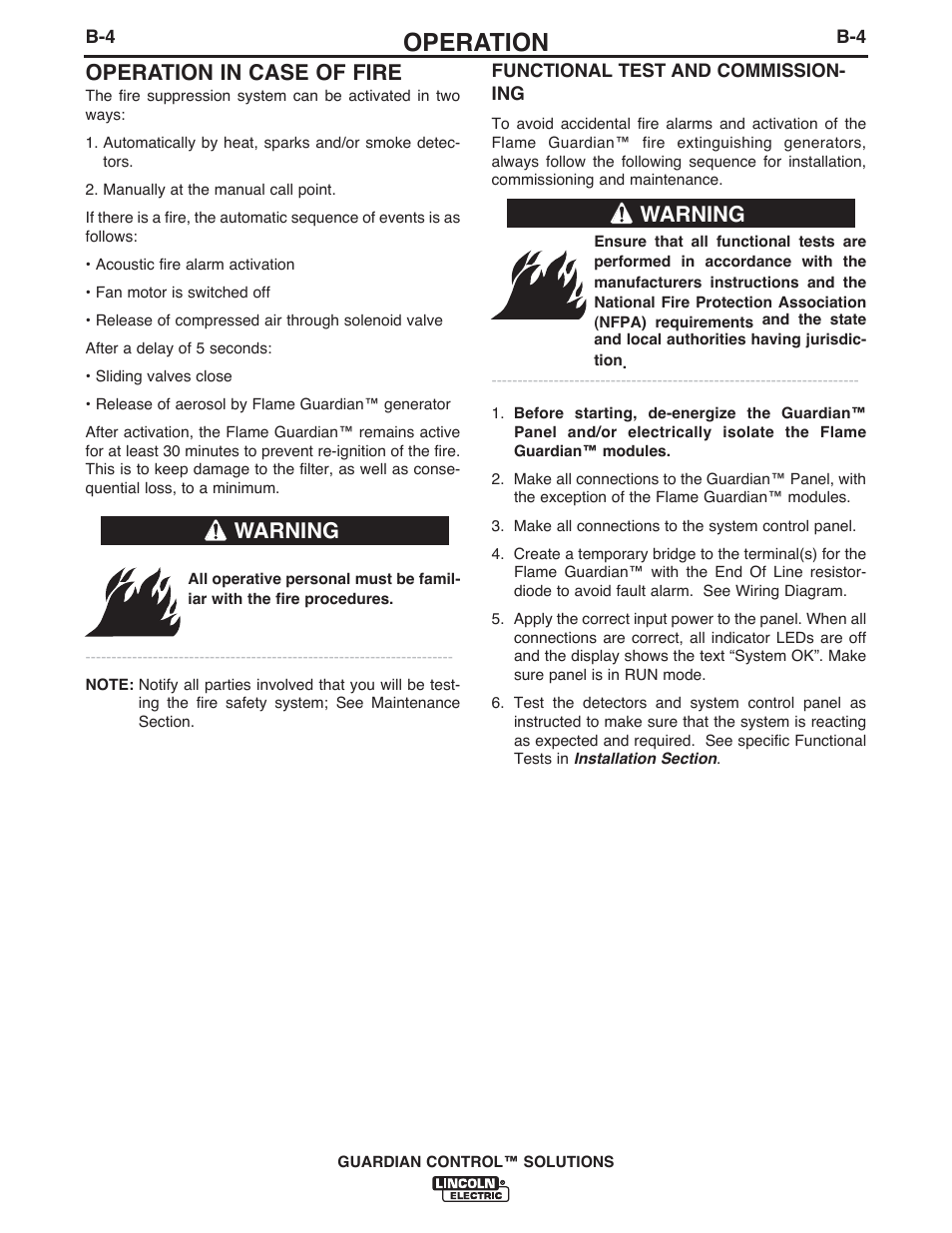 Operation, Operation in case of fire, Warning | Lincoln Electric P709 GUARDIAN CONTROL SOLUTIONS User Manual | Page 54 / 80