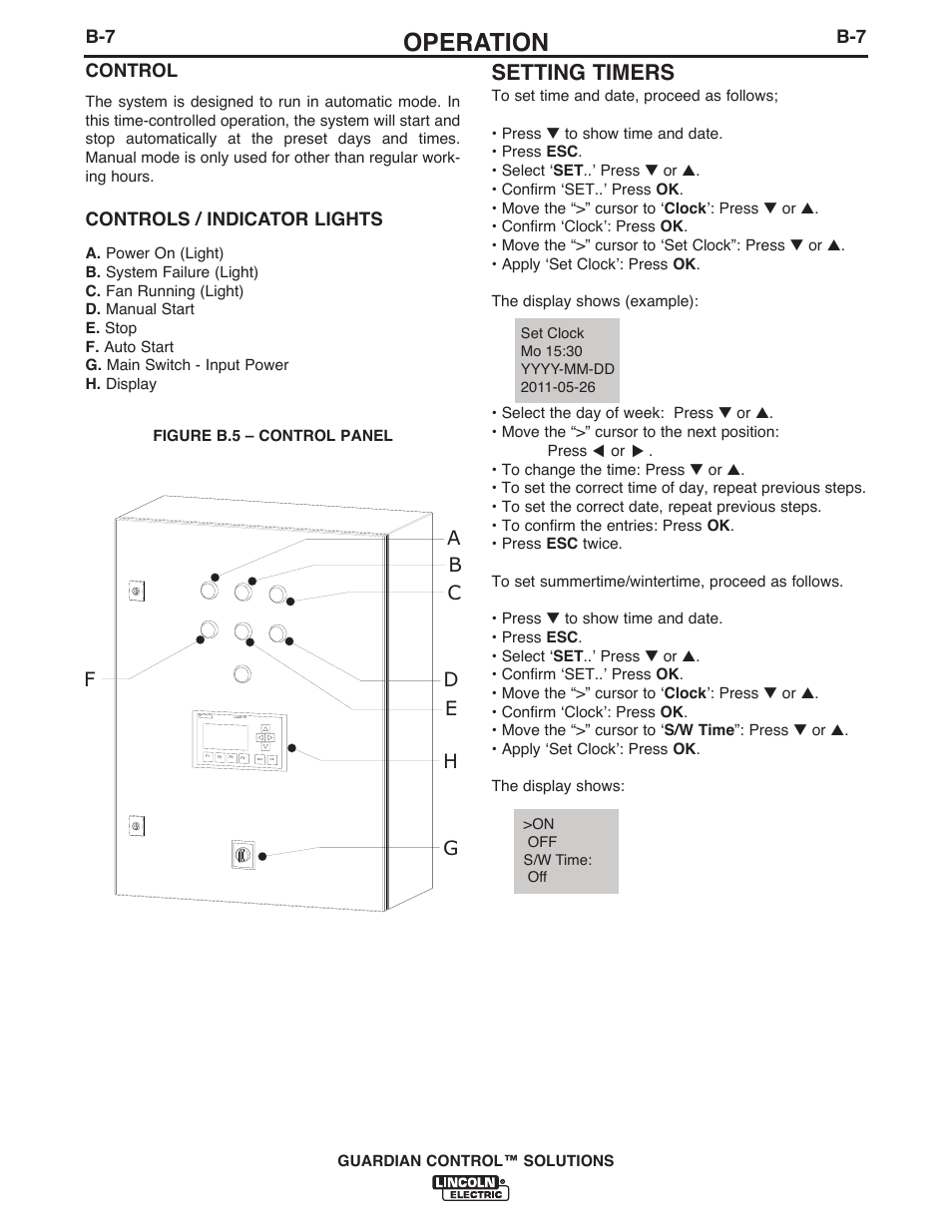 Operation, Setting timers, B-7 control | Controls / indicator lights | Lincoln Electric P709 GUARDIAN CONTROL SOLUTIONS User Manual | Page 57 / 80