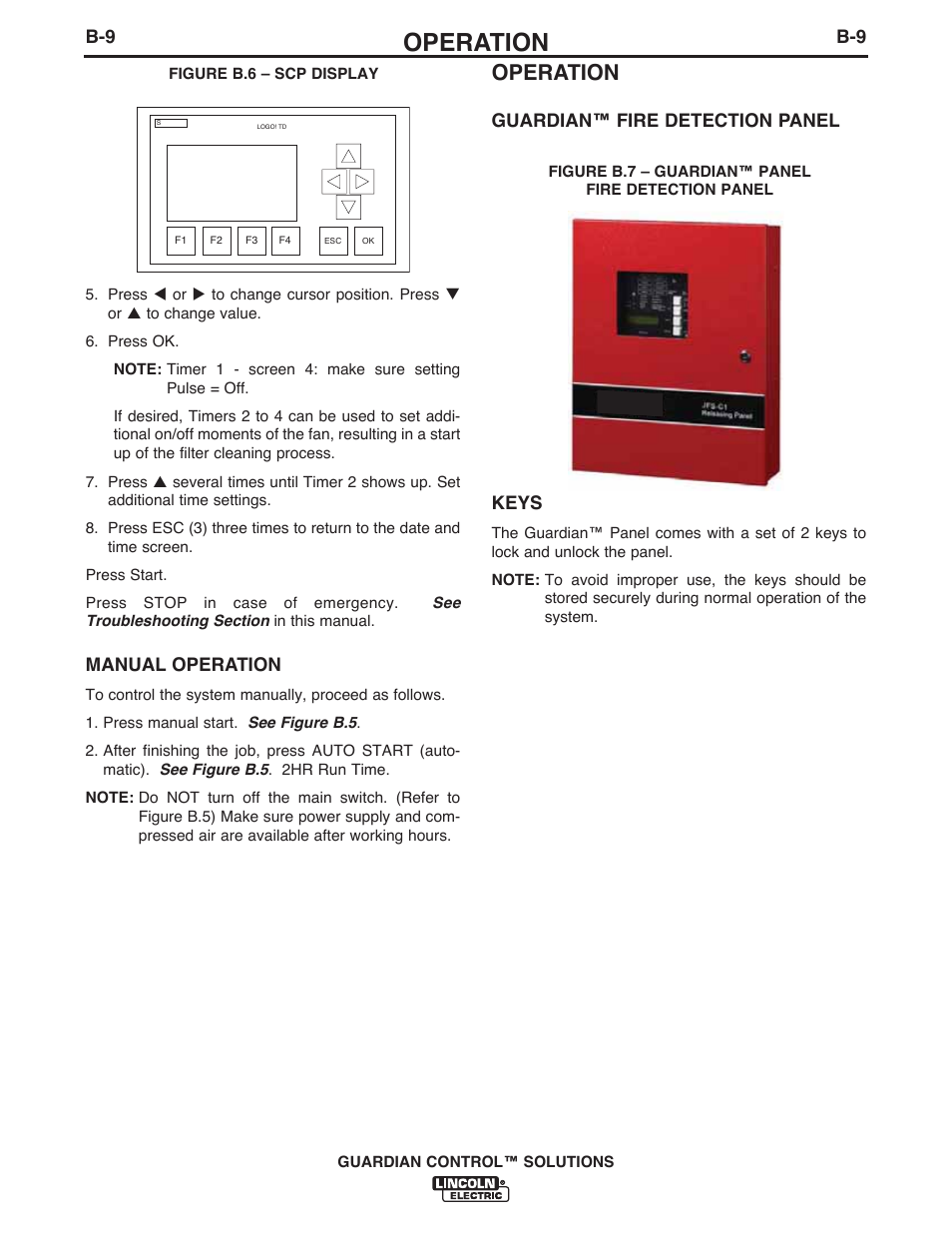 Operation, Manual operation, Guardian™ fire detection panel keys | Lincoln Electric P709 GUARDIAN CONTROL SOLUTIONS User Manual | Page 59 / 80