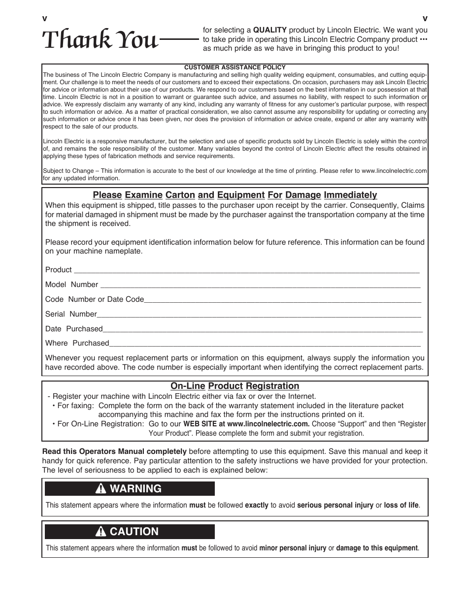 Warning, Caution | Lincoln Electric P709 GUARDIAN CONTROL SOLUTIONS User Manual | Page 6 / 80