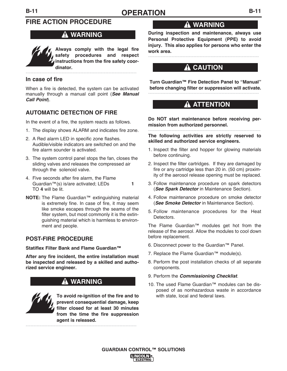 Operation, Fire action procedure, Warning | Attention, Caution | Lincoln Electric P709 GUARDIAN CONTROL SOLUTIONS User Manual | Page 61 / 80