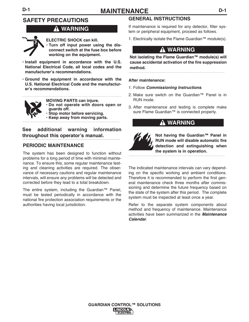 Maintenance, Safety precautions, Warning | Lincoln Electric P709 GUARDIAN CONTROL SOLUTIONS User Manual | Page 64 / 80