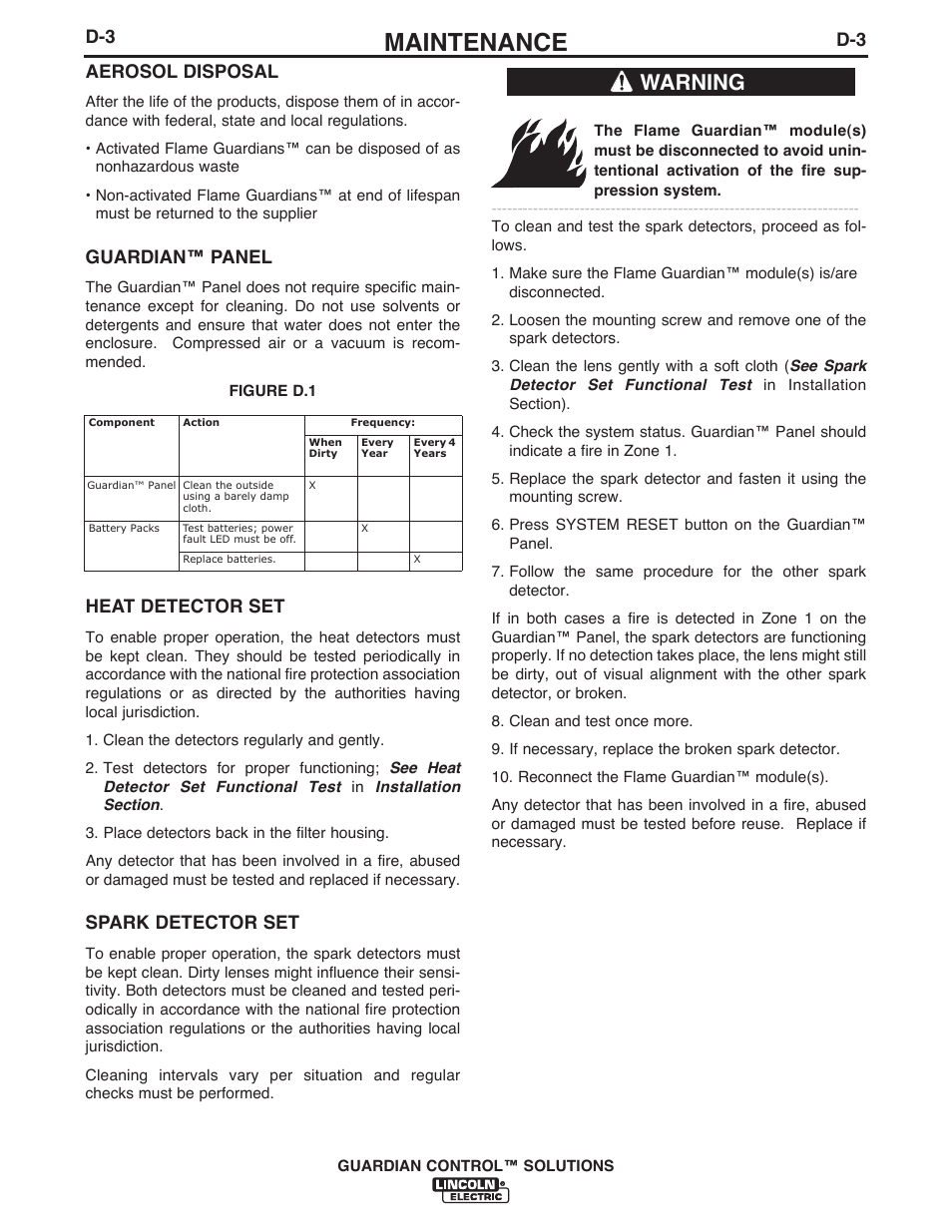 Maintenance, Warning, D-3 aerosol disposal | Guardian™ panel, Heat detector set, Spark detector set | Lincoln Electric P709 GUARDIAN CONTROL SOLUTIONS User Manual | Page 66 / 80