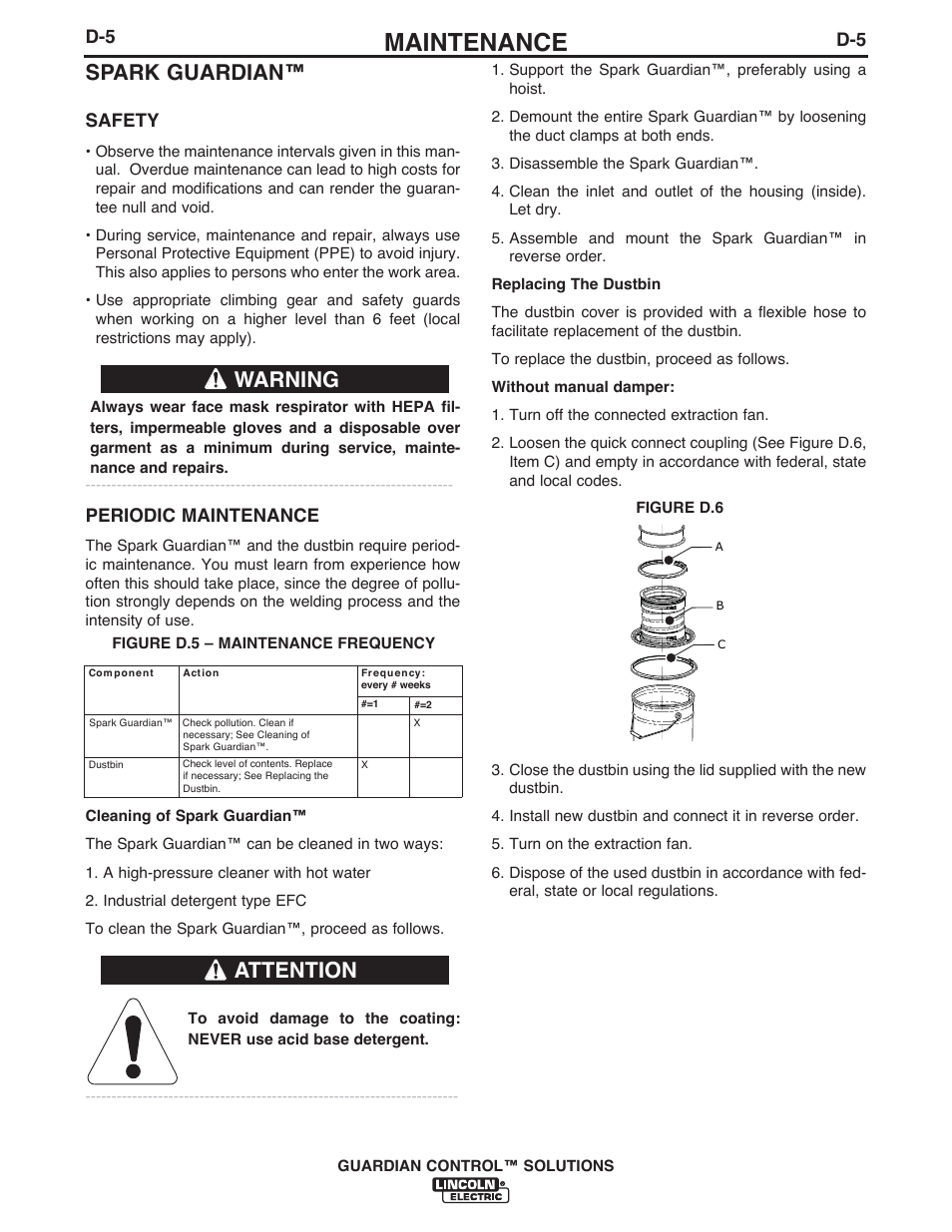 Maintenance, Spark guardian, Warning | Attention, Safety, Periodic maintenance | Lincoln Electric P709 GUARDIAN CONTROL SOLUTIONS User Manual | Page 68 / 80